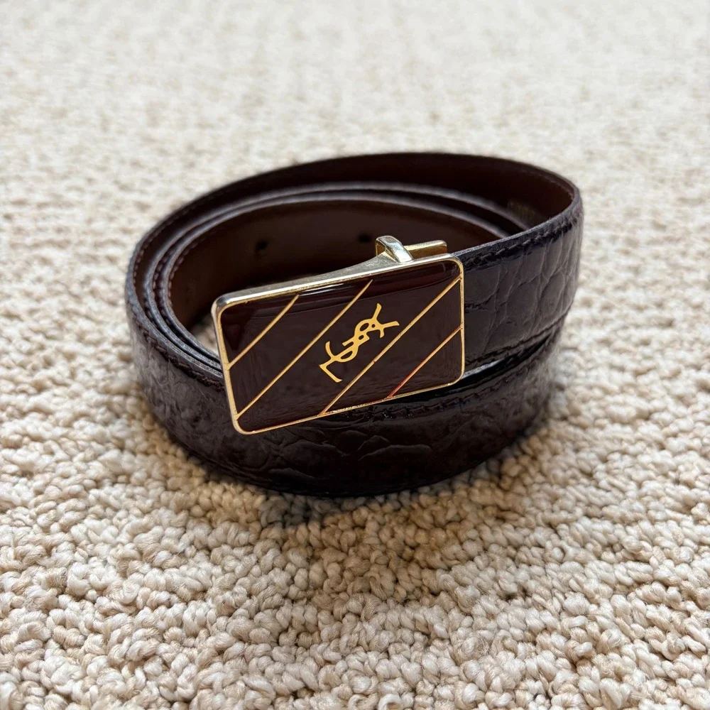 Yves Saint Laurent Vintage Brown Crocodile Embossed Leather Belt YSL Buckle 110